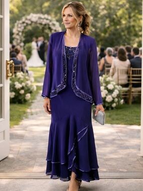 J.R. Nites Beaded Purple Formal Dress Set 10 Chiffon Jacket Mother Bride Gown